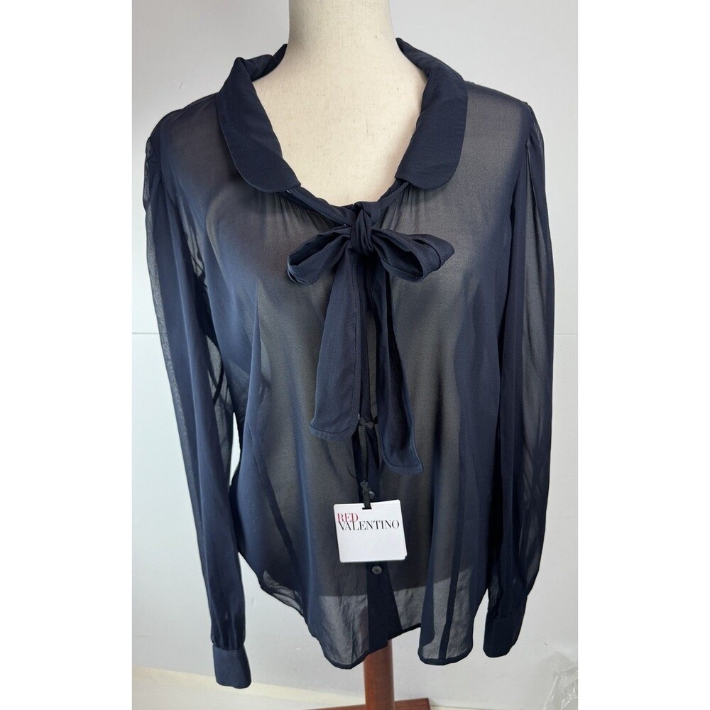 Red Valentino Silk Camicie Navy Tie Neck Button Down Blouse Size: US:10 EU: 48